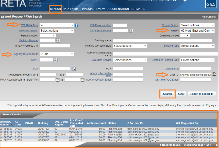 Screenshot of eRETA search screen and results