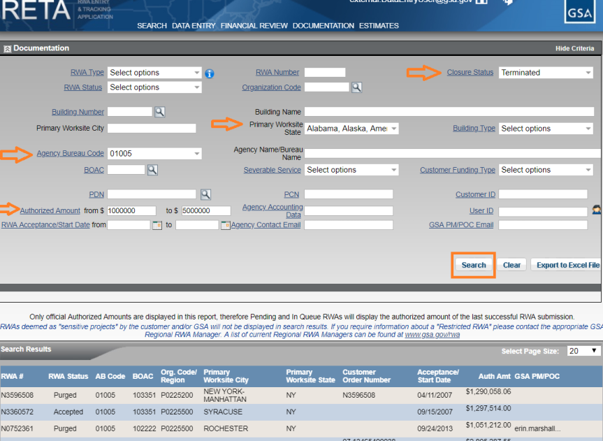 Screenshot of eRETA search results
