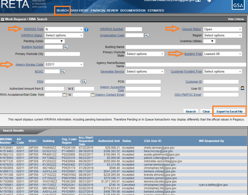 Screenshot of eRETA search results with export button highlighted