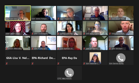 Zoom meeting screenshot with 21 boxes showing participants. 15 participants have cameras on, five screens show names.