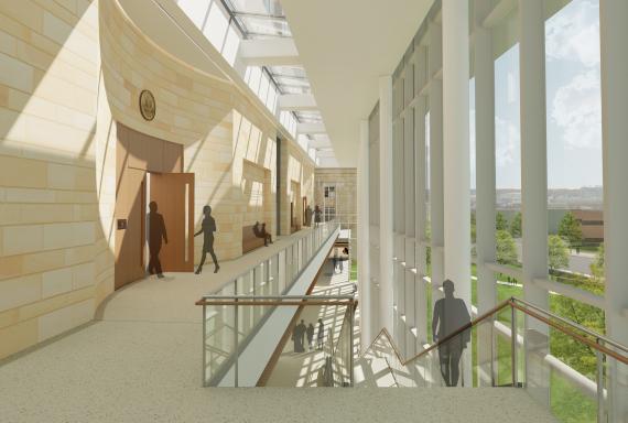 Rendering of the design drawing of the interior 2nd Floor Courtroom walkway and stairwell of the planned annex for the Ashley U.