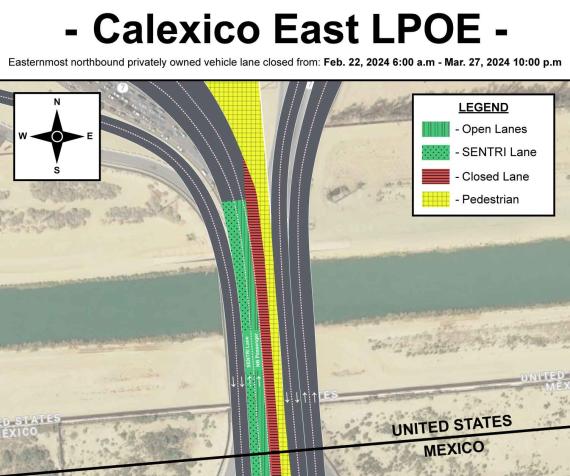 Map identifying lane closure for Calexico East. Two lanes to the far right are open and the third lane is closed.