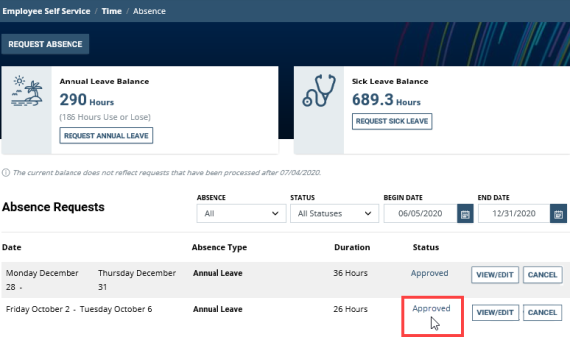 Screenshot of the Request Absence screen with Approved highlighted