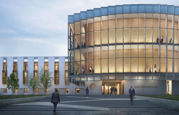 Rending of new courthouse showing the front elevation and shows a lot of windows, light and people walking around