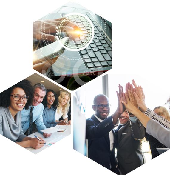 Business person typing on keyboard holding mobile device, group of four business professionals smiling, group of business profes
