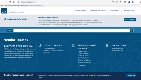 Screenshot of the GSA’s Vendor Support Center site, one of several digital portals discussed during Region 2 Industry Days, Dec. 1-2, 2021.