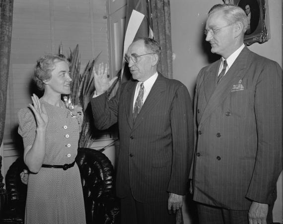 Margaret Chase Smith, of Maine, was sworn in Washington, D.C., June 10. to fill the vacancy left by her husband. Left to right in the picture: Margaret Chase Smith, Speaker William Bankhead, and Rep. James C. Oliver