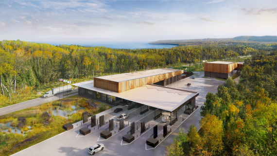 Aerial rendering of new Grand Portage Land Port of Entry building facing Northeast. 