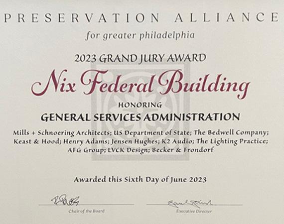Preservation Alliance 2023 Grand Jury Award certificate.