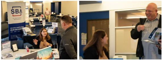 2 photos each of a woman at a conference table talking with a man
