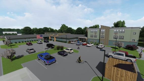 a rendering showing the building with a parking lot