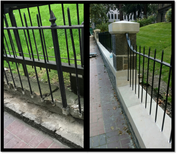 A collage of two pictures of the Pioneer Courthouse walkway - two different angles, one showing the old section, the other showi