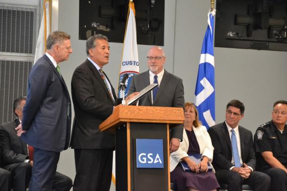 Congressman Scott Peters and Congressman Juan Vargas (l-r) present a Congressional Proclamation to GSA’s Dan Brown recognizing the agency’s work at San Ysidro