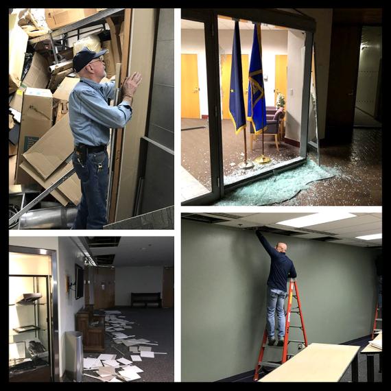 4-photo montage showing damaged office interiors and people inspecting them