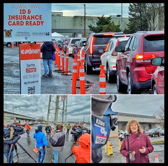 Photo montage: vehicle line with orange road blocks and signs; woman in maroon coat talking to a news camera; man in navy coat with reporters standing around him