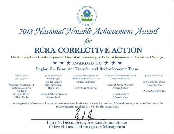 A certificate recognizing GSA and other partners with the 2018 National Notable Achievement Award