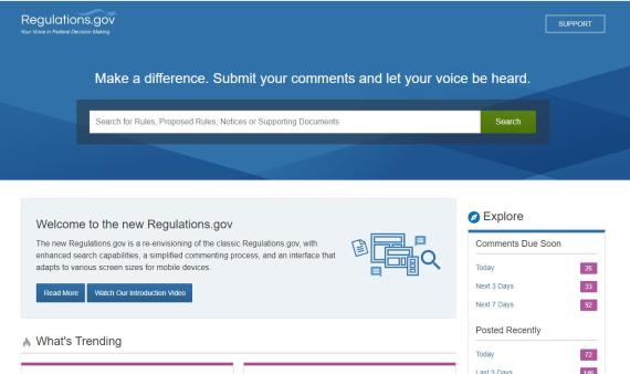 A screenshot of partial Regulations.gov homepage