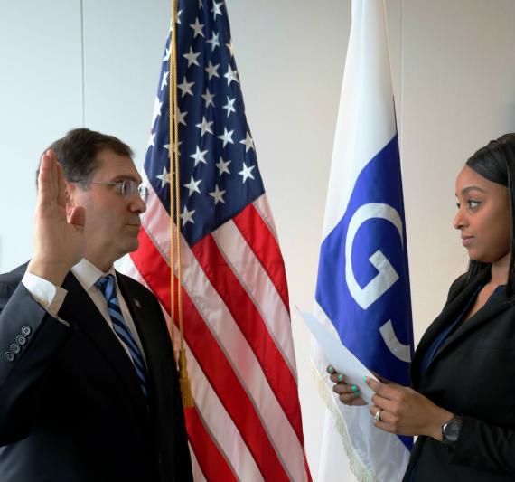 John A. Sarcone III takes the oath of office as Regional Administrator of GSA's Northeast and Caribbean Region from Loretta Franco, human resources specialist Feb. 12, 2018.