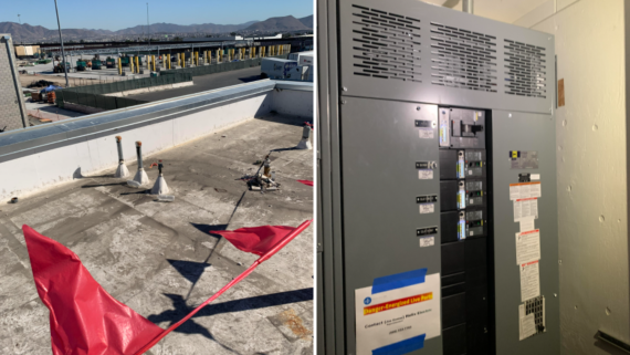 uture solar panel connection conduits (left) at the roof of one of the new port buildings. A new electrical switch box (right)