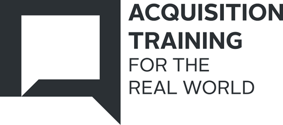 Logo with text Acquisition Training for the real world next to squared comment box outlined in a thick dark blue border with white inside