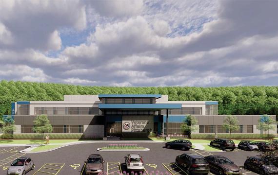 Computer-design rendering of front entrance and parking lot view of planned VA Community-based Outpatient Clinic in Monroeville
