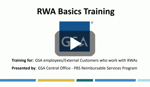 Video still with GSA star mark and text RWA Basics Training, Training for GSA employees/external customers who work with RWAs, Presented by GSA Central Office, PBS Reimbursable Services program