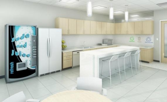 Rendering of a breakroom, including designated spots for trash, recycling, and compost.