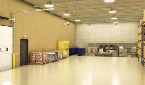 Rendering of an office building&#039;s interior loading dock showing pallets of supplies