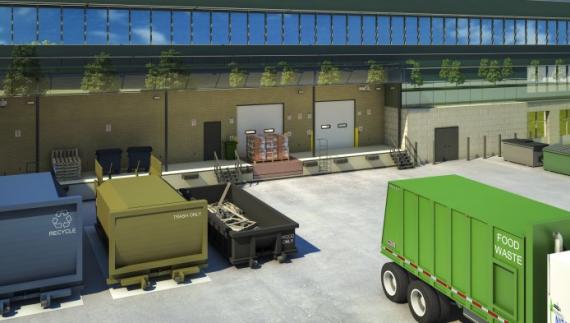 Rendering of an office building&#039;s exterior loading dock showing containers for recycling, waste, compost, and grease.