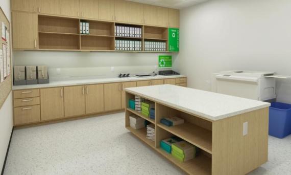 Rendering of an office support area, including supplies, a printer copier, and a recycling container