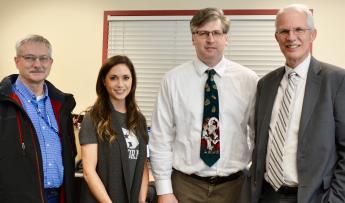 Picture of High School Staff from left:  GSA IT Specialist Greg Klein, and Winlock HS Teacher Megan Evander, HS Assistant Principal Dennis Tauscher, and Superintendent Rick Serns