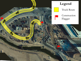 Map showing route concrete trucks will take and where construction flaggers will be located