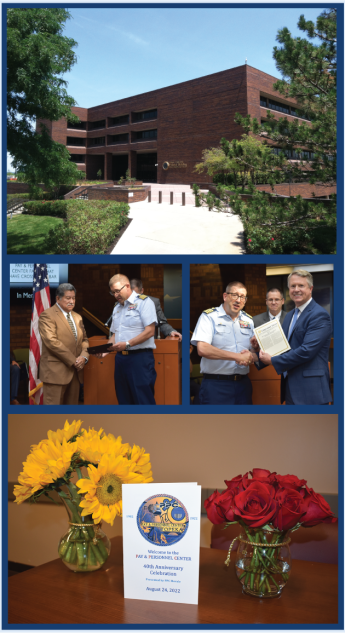 Graphic with 4 photos: Carlson federal building exterior (top); two people in front of podium looking at a certificate (middle left); two people shaking hands while holding a certificate, with one person behind a podium (middle right); and photo of ceremony program and two vases, one with sunflowers and one with roses.