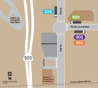 A map showing the relocation of bus stops from the Otay Mesa Transit Center to their temporary positions near Roll Drive