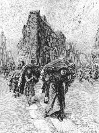 1890 illustration of family members carrying large piles of garments on their backs in a city street