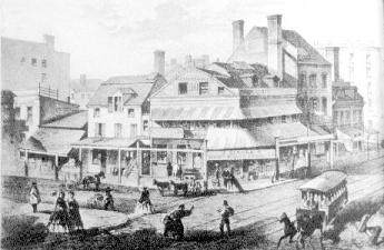 1861 drawing of the corner of Pearl and Chatham Streets with buildings