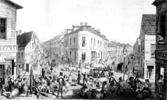 Black and white city view of Five Points in 1855