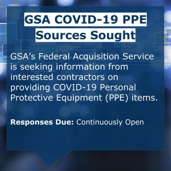 A blue box with white text describing a request for information on personal protective equipment.