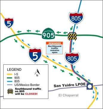 GSA will temporarily close the southbound I-805 overnight for a nine-hour period on June 12 and June 13, 2019. Traffic will be detoured to the I-5S freeway via the SR-905 connector from 10 p.m. June 12, 2019, to 7 a.m. June 13, 2019 and again from 10 p.m. June 13 2019 to 7 a.m. June 14, 2019. Two lanes will remain open on I-5S.