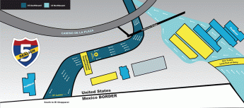 Map of portion of San Ysidro showing Interstate 5 with 6 lanes