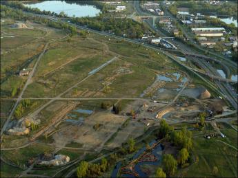 Aerial view of the TCAAP land in Minnesota. From the air you can see grass, trees and buildings scattered throughout