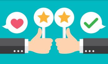 An icon showing two arms extended with thumbs up under icons of a heart, two stars and a checkmark.