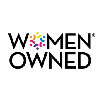 Black, capitalized text that reads: Women owned. The o in women is a circle of six head-and-shoulders icons colored clockwise lime green, medium blue, magenta, deep purple, red, and orange.