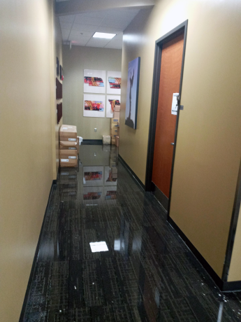 Image of office hallway with carpets covered in water.