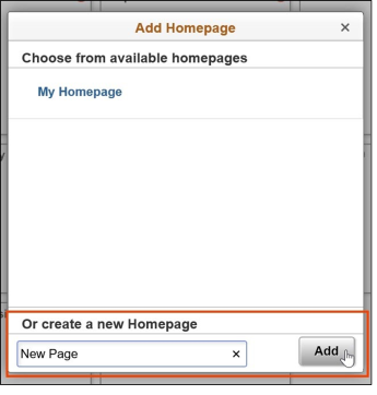 Timesheet entry of add homepage dialog box with or create a new homepage and add button highlighted