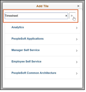 Timesheet entry of add tile dialog box with the search field highlighted