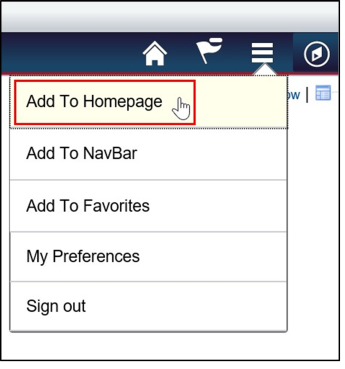Timesheet entry with add to homepage highlighted from dropdown menu