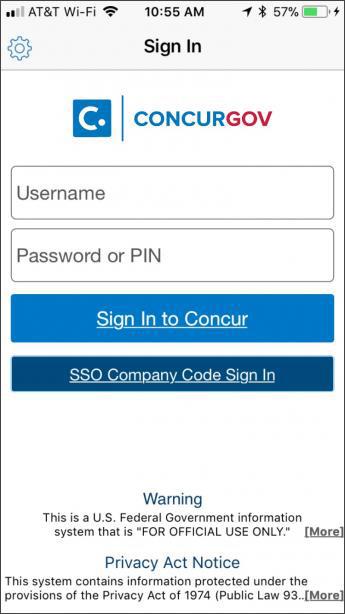 Screenshot of step 1 for concur login