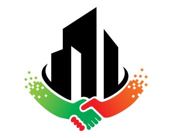 An icon of a green-colored hand shaking hands with a red-colored hand in front of black and black building symbols.