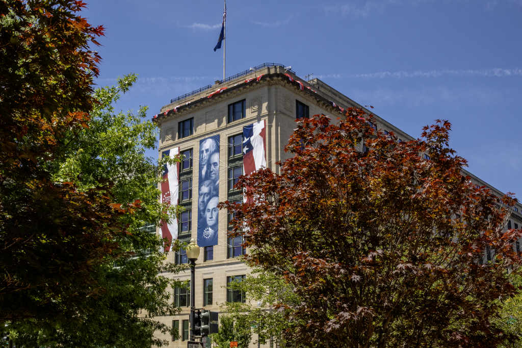 The GSA headquarters building exterior is decorated to honor and celebrate the nation's 250th birthday.